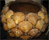 BIN- Antique Shell Covered Tramp Art Clay Pot