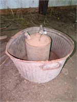 Vintage metal bucket, and tin fuel can