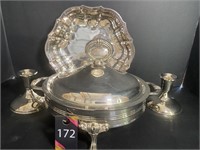 Silver Platter Serving Dish & Candle Holders