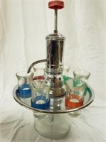DECANTER SET, 1950'S, GLASS/CHROME DECANTER & (6)