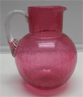 PINK CRACKLE GLASS 8" TALL PITCHER NICE.