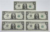 1988-A $1 FRN 5-Pieces Consecutive Serial CU