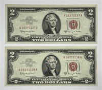 1963-A $2 Red Seal US Note Pair Consecutive CH AU