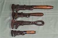 4 antique adjustable wrenches, largest 17.5"l; as