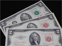 Three $2 bills - two 1953C - 1976