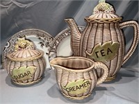 VTG Tea Pot Set Tilso Basket Weave Ceramic