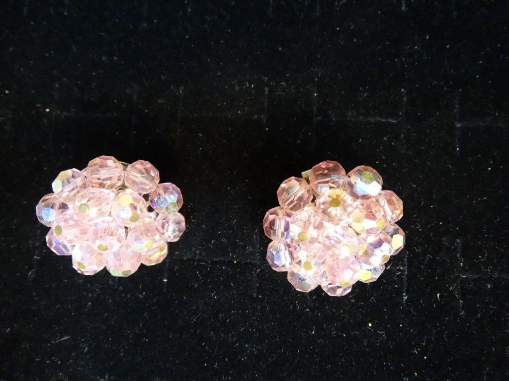 Signed Pearl Craft Pink Crystal Clip-on Earrings