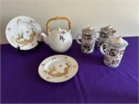 Asian Style Tea Pot, Lidded Mugs, & Dragon Plates