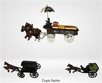 Lot of 3 Vintage Cast Iron Horse Drawn Wagons