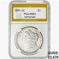 1891-CC Morgan Silver Dollar PGA MS64 Spitting