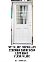 36" LH 9 Lite Fiberglass Exterior Entry Door