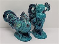 Pair Ceramic Turquoise Fighting Roosters