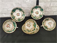 3 Tea Cups and 3 Saucers Green/Gold