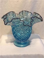 Fenton "Diamond Lace" Blue Art Glass Vase