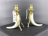 High end pair of faux horn, brass candleholders