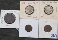 1851 US large cent 2 buffalo nickels & 2 indian ct