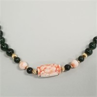 Jade, coral & gold bead necklace - 28" long