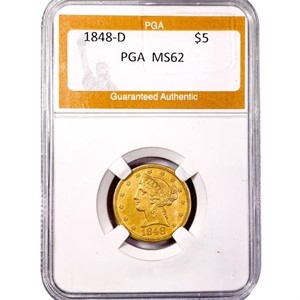 1848-D $5 Gold Half Eagle PGA MS62