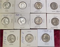 (11) 1964-D Washington Silver Quarters