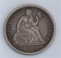 1874 cc liberty seated dime with arrows