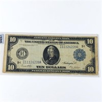 1913 Blue Seal $10 Bill ABOUT UNCIRCULATED