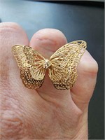 Gold tone filigree butterfly ring