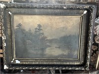 Antique Framed Oil on Canvas, Canoe on Lake