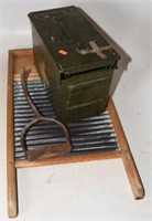 washboard, ammo box, ice hook