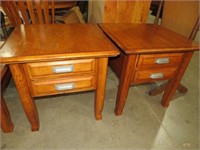 (2X) SOLID OAK 2 DRAWER END TABLES