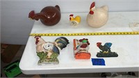 Ceramic hens, clocks, napkin holder and cast iron