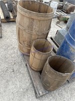 4 WOOD BARRELS, TWO ARE NAIL KEGS, ONE MONEY