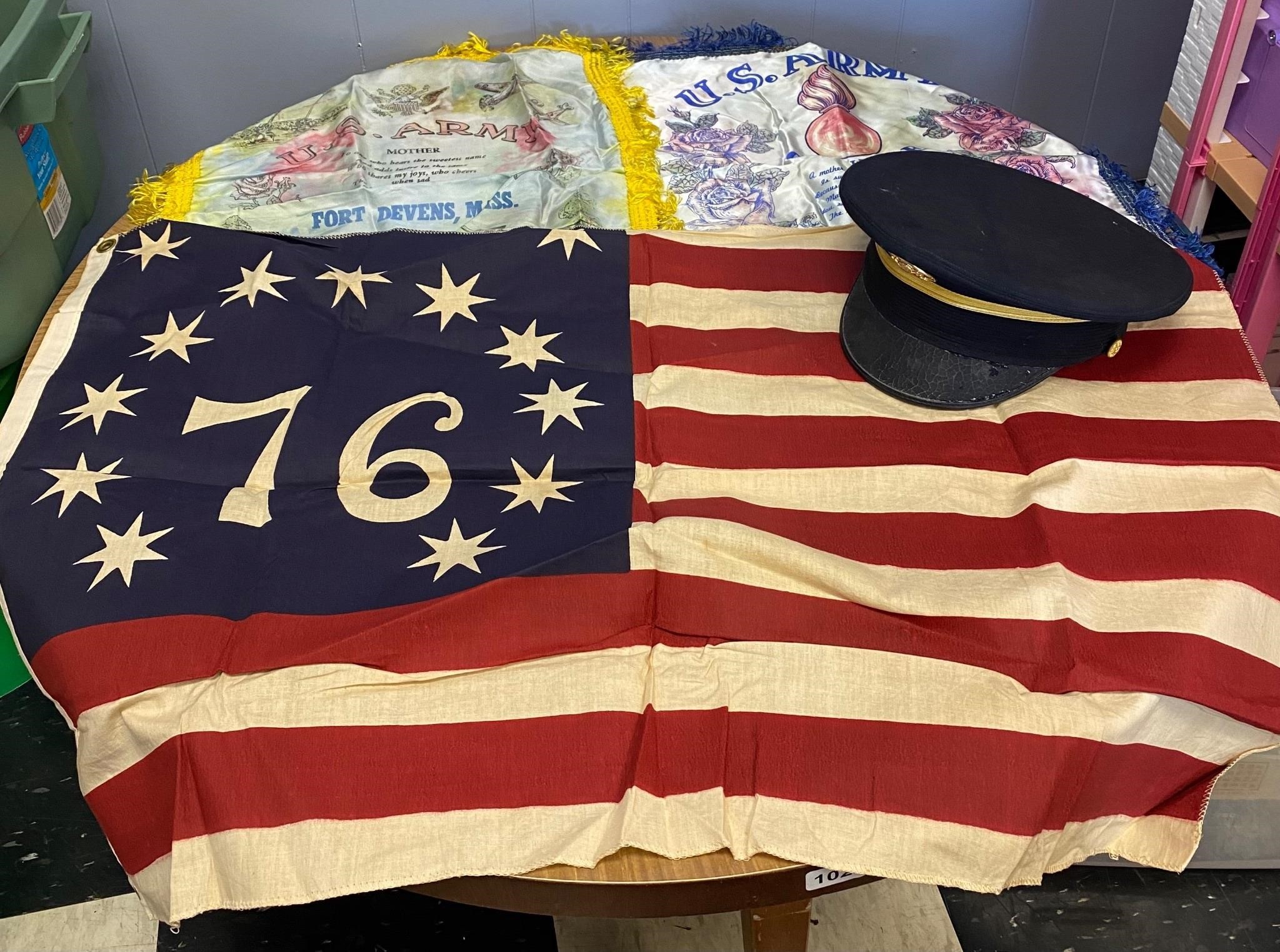 US Army Hat, 2 Scarves & 1776 American Flag