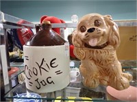 2 COOKIE JARS W/ CIDER JUG, DOG