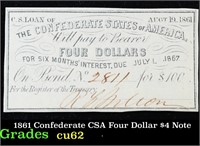 1861 Confederate CSA Four Dollar $4 Note Grades Se