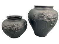 2 Tiffin Style Black Amethyst Pressed Glass Vases