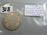 1908 Silver Canadian Twenty Five Cents Coin