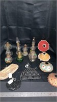 Beaded purses, various mini oil lamps, cloth and