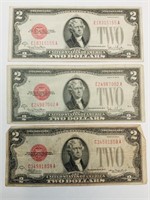 OF) (3) 1928 $2 Red Seal notes, 2 SERIES D, 1 G