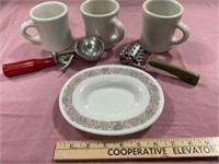 Pyrex plate, ceramic mugs, scorer and scoop