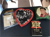Elvis pillow, postcards, book & candy box