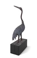 Engraved Bronze Crane on Wood Block Base