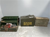 (2) METAL AMMO BOXES & METAL TACKLE BOX W/  TACKLE