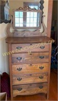 Antique Oak Tall Boy Dresser with Mirror