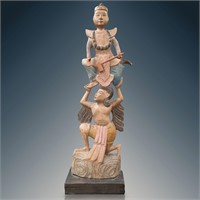 Hand-Carved Asian Wood Sculpture Of Angel Lifting