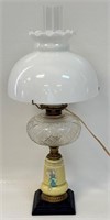 PRETTY ELECTRIFIED ANTIQUE OIL LAMP W GLASS SHADE