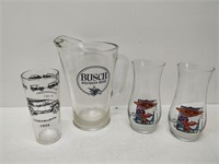 Busch beer pitcher and 3 glasses