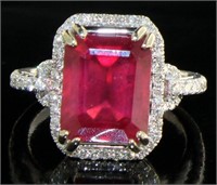 14kt Gold Emerald Cut 7.07 ct Ruby & Diamond Ring