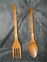 Large Carved Wooden Fork & Spoon