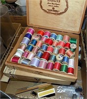 CIGAR BX FULL OF THREAD, AND OTHER SEWING