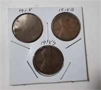 1918  P,D, & S Lincoln 1 Cent Coins